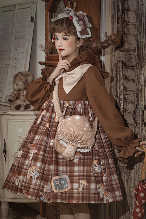 Brown Chest Big Bow Lantern Sleeves Mushroom Print With Hat Sweet Lolita OP Dress - Product - 3