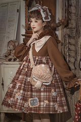 Brown Chest Big Bow Lantern Sleeves Mushroom Print With Hat Sweet Lolita OP Dress - Product - 3
