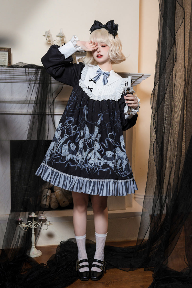 Black Bandage Bear Print Long Sleeves Ruffle Bowknot Lace Gothic Lolita Dress - Product - 2