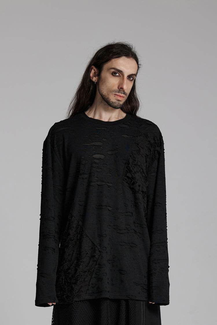 Black Round Collar Long Sleeves Ripped Mesh Men's Punk T-Shirt - Black - 1