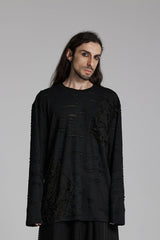 Black Round Collar Long Sleeves Ripped Mesh Men's Punk T-Shirt - Black - 1