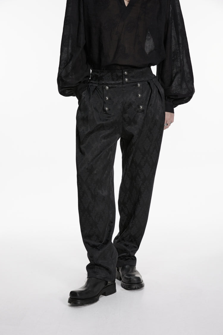 Black Floral Jacquard Men's Gothic Gorgeous Double-breasted Pants - Product - 5