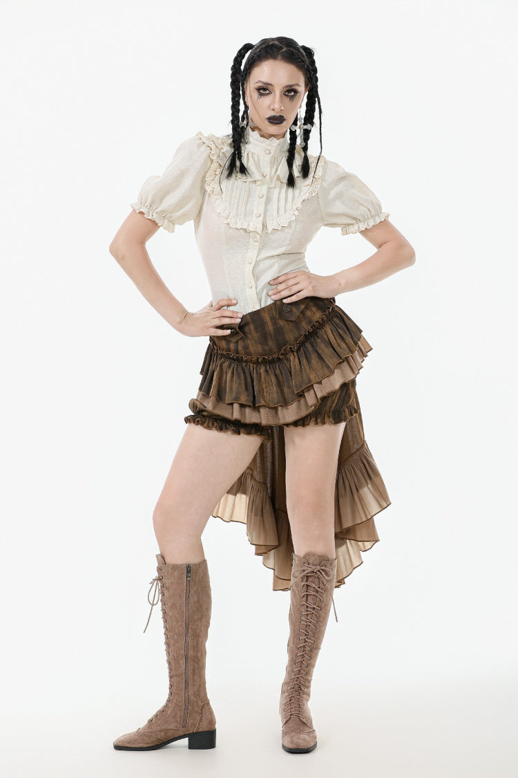 White Victorian Vintage Stand Collar Ruffled Short Puff Sleeves Classic Lolita Blouse - Product - 10