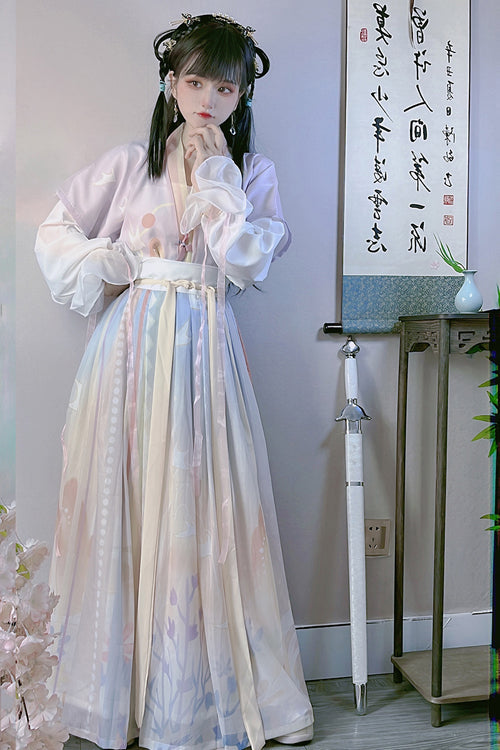 Multi-Color Chinese Style Tang Dynasty Round Collar Print Sweet Hanfu Dress Full Set - Product - 4