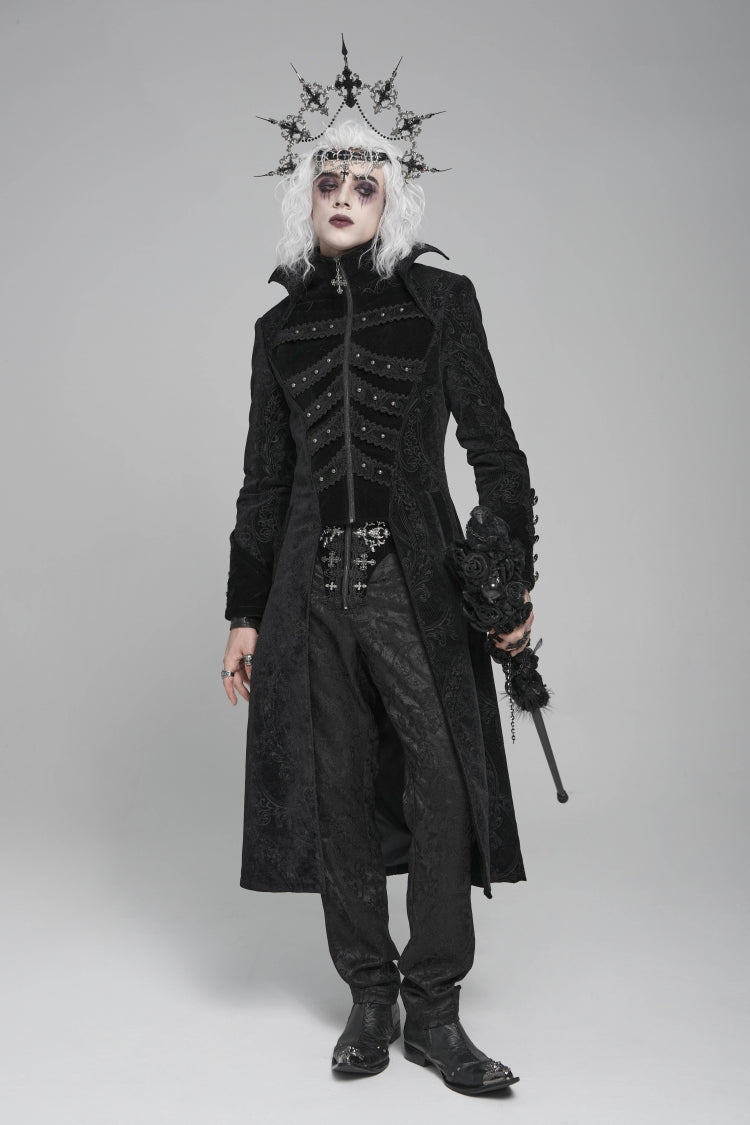 Black Diamante Stand Collar Long Sleeves Printed Zippered Men's Gothic Long Coat - Product - 4