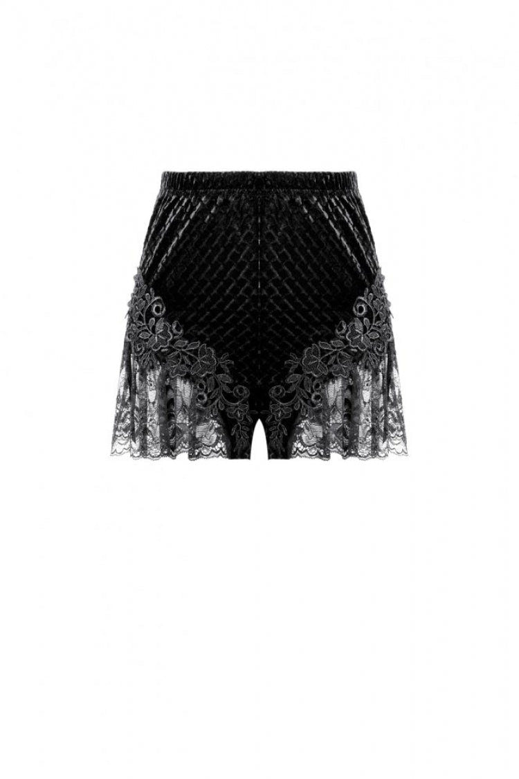 Black Women's Gothic Floral Embossed Velvet Shorts with Sheer Lace Trim - Product - 3