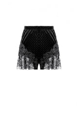 Black Women's Gothic Floral Embossed Velvet Shorts with Sheer Lace Trim - Product - 3