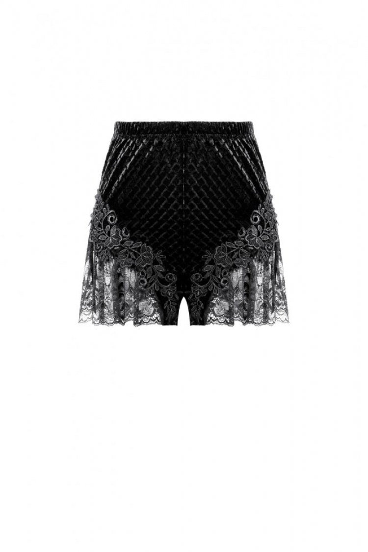 Black Women's Gothic Floral Embossed Velvet Shorts with Sheer Lace Trim - Product - 3
