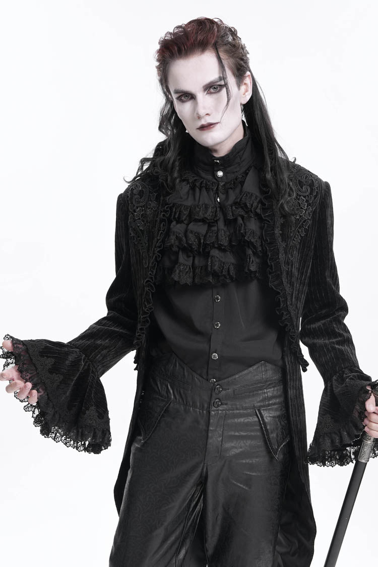 Black Stand Collar Swallow-tailed Long Sleeves Lace Men's Gothic Jacket - Product - 3