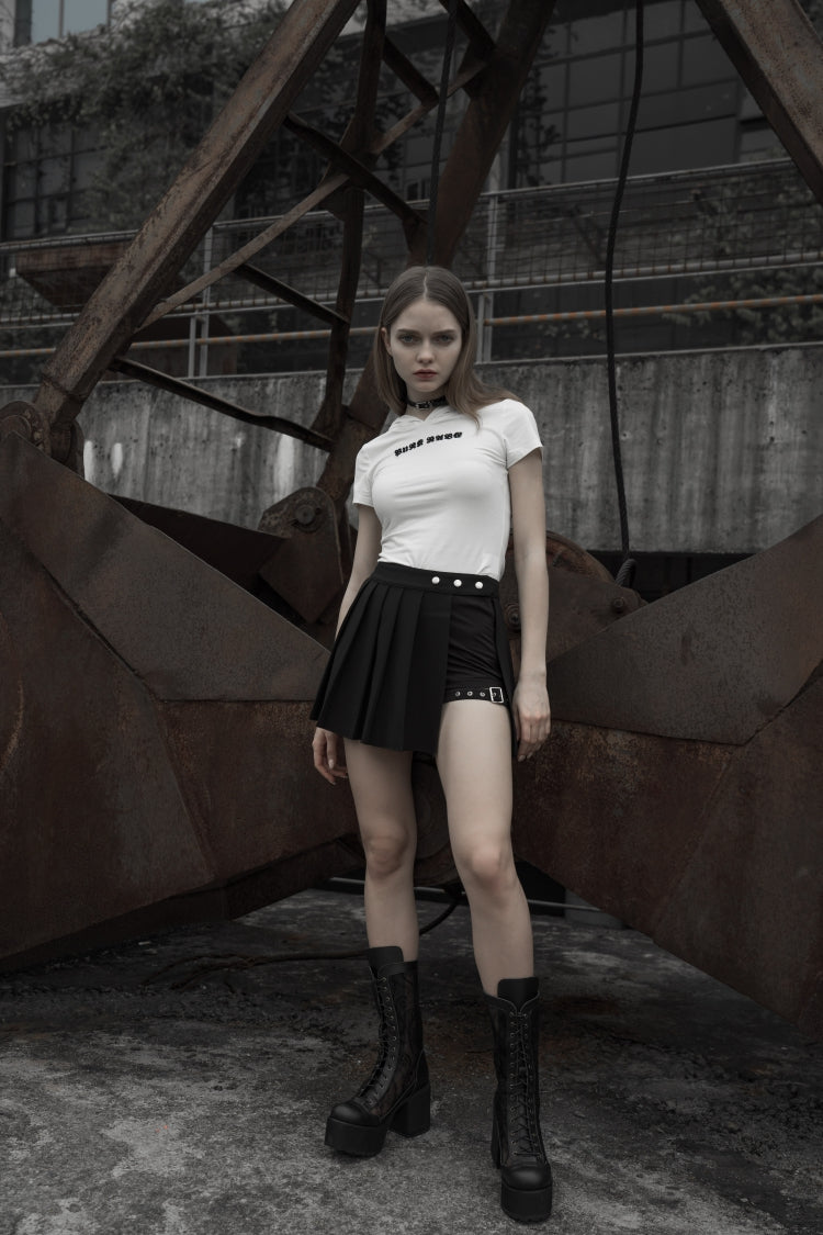 Black Fake Two Pieces Side Metal Buckle Women's Punk Skirt - Product - 4