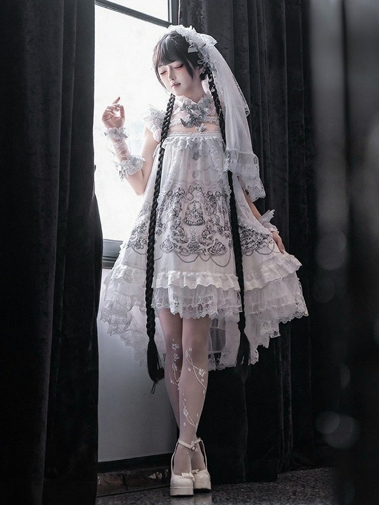 Gothic White Candle Print Waistless Lolita JSK Dress with Lace Details + Choker + Candle Embroidered Brooch Set - view 21