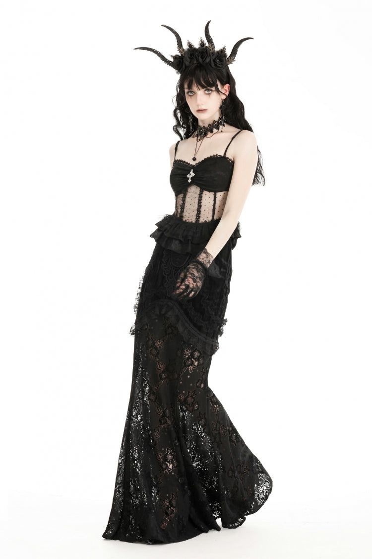 Black Spaghetti Straps Sheer Double-Layered Ruffled Lace Women's Gothic Top - Product - 11