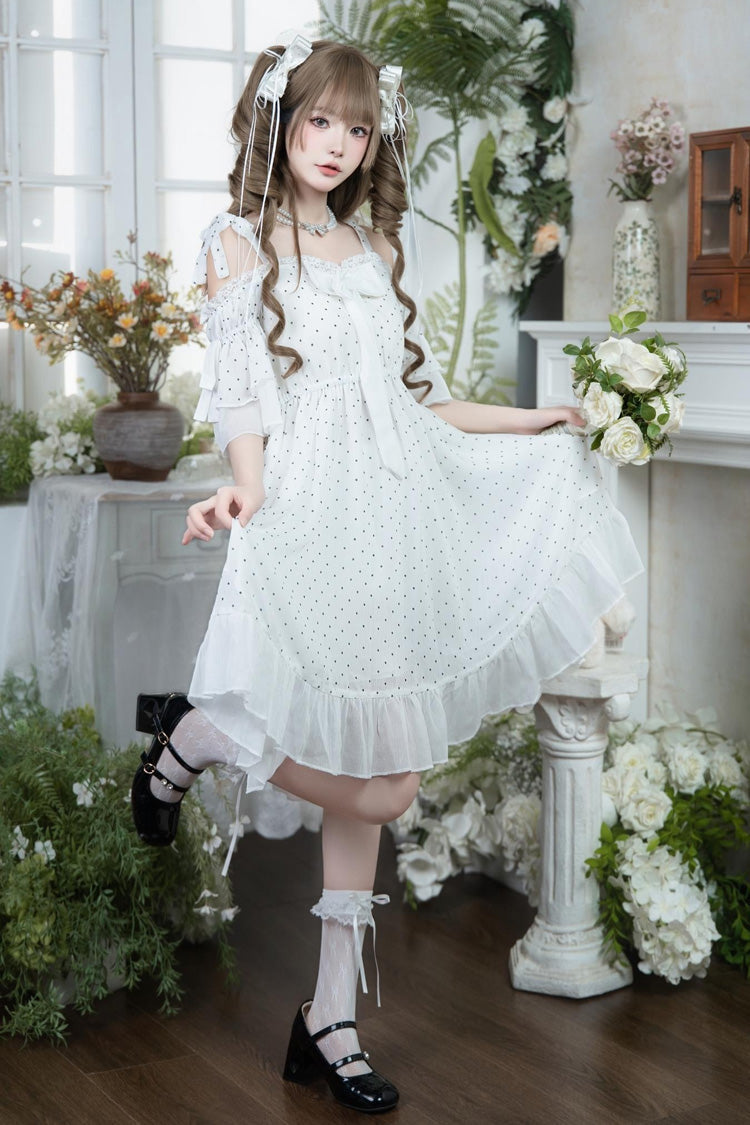 White Off Shoulder Short Sleeves Polka Dots Printed Ruffled Bow Lace Sweet Elegant Palace Lolita Dress - Product - 3