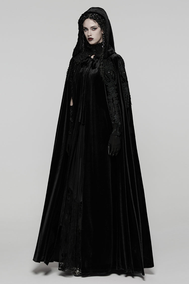 Black Floral Embroidery Diamante Velvet Hooded Women's Gothic Cloak - Product - 2