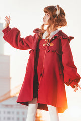 Red Cat Tail Long Sleeves Ruffle Bowknot Hooded Sweet Lolita Coat - Product - 2