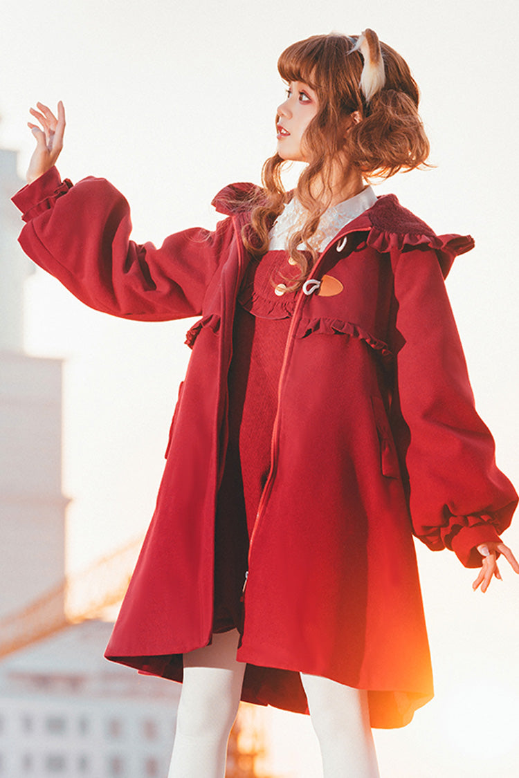 Red Cat Tail Long Sleeves Ruffle Bowknot Hooded Sweet Lolita Coat - Product - 2