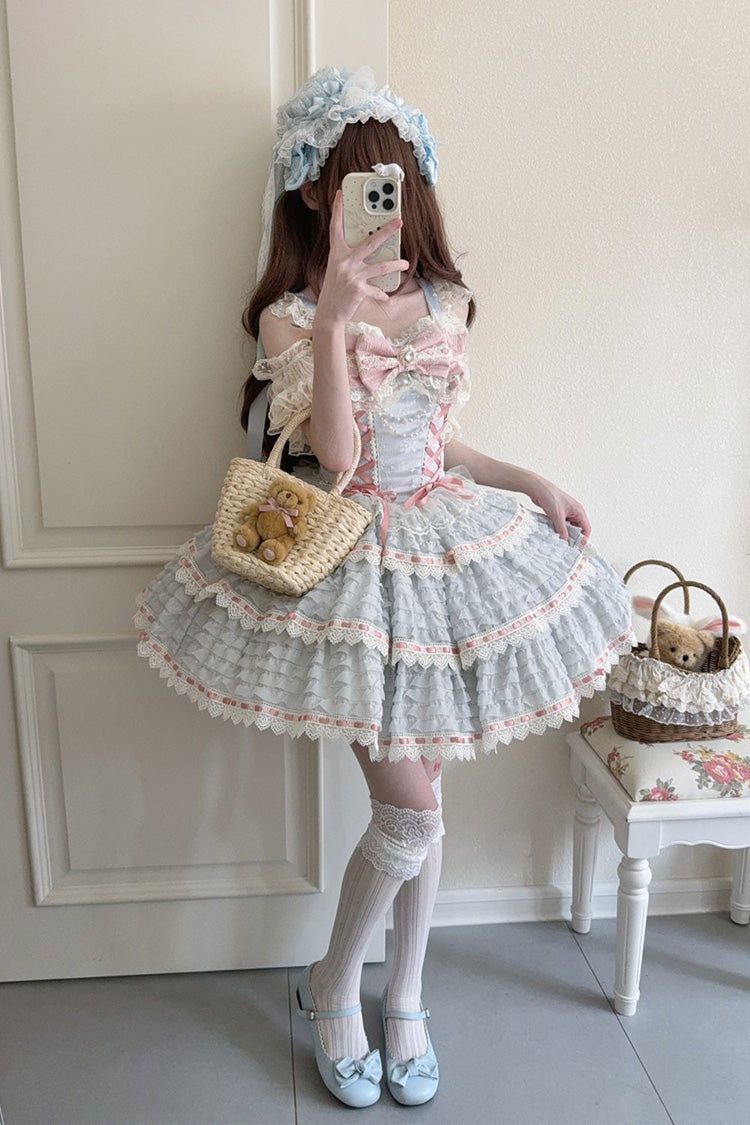 Blue [Song of Floral Letters] Sleeveless Triple-Layered Bowknot Lace-Up Sweet Lolita Jsk Dress - Product - 4