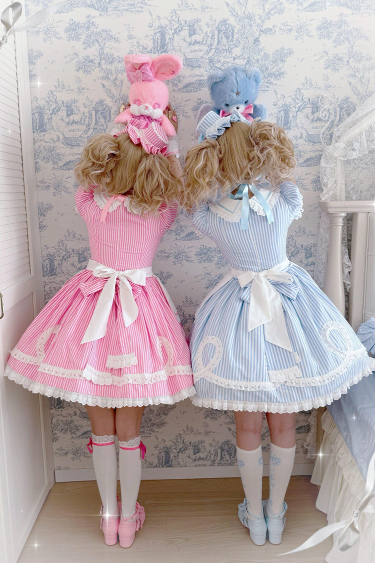 [A Day as a Candy Shop Owner] Peter Pan Collar Short Sleeves Printed Bow Sweet Lolita Dress 3 Colors (Red, Blue, Pink) - Product - 7