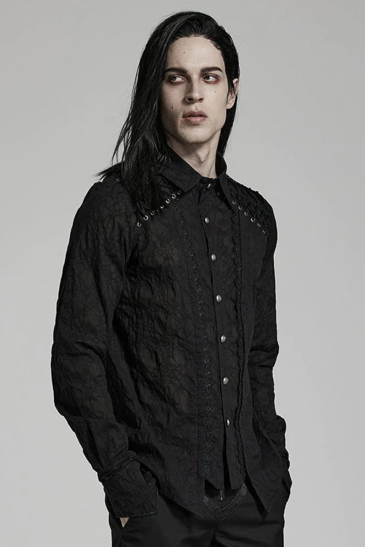 Black Lapel Collar Long Sleeves Lace Mens Daily Gothic Elegant Blouse - Product - 2