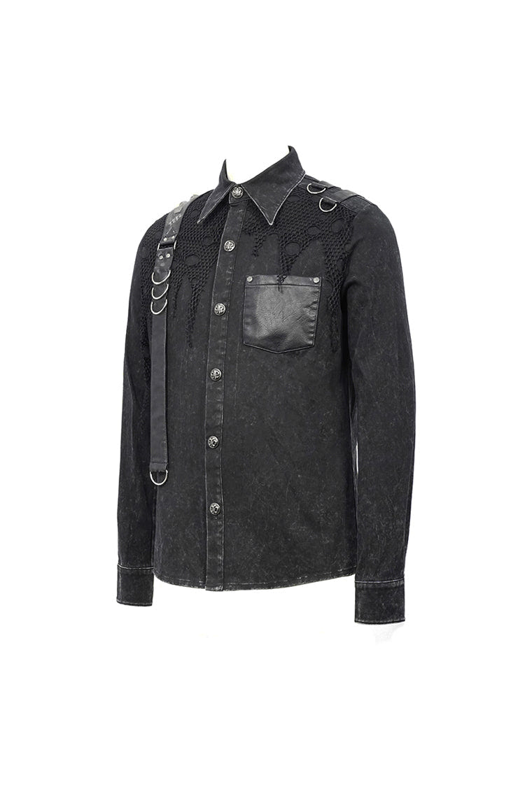 Black Asymmetric Left Shoulder Loop Mesh Rivet Snap Button Men's Punk Shirt - Product - 8