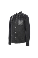 Black Asymmetric Left Shoulder Loop Mesh Rivet Snap Button Men's Punk Shirt - Product - 8