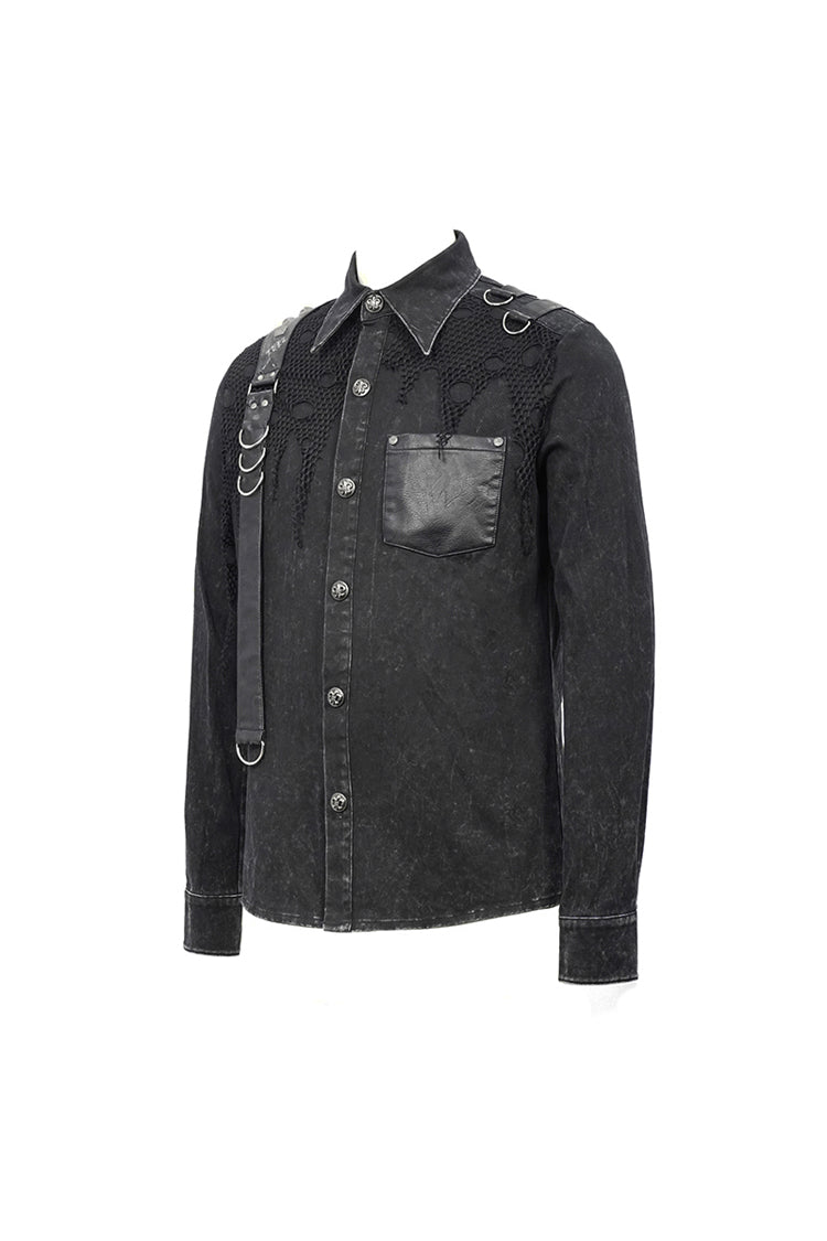 Black Asymmetric Left Shoulder Loop Mesh Rivet Snap Button Men's Punk Shirt - Product - 8