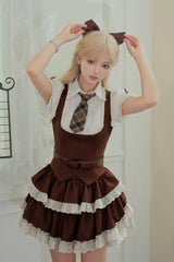 Brown Coco Love Letter Double-Layered Ruffle Lace Sweet College Style Lolita Skirt Set - Product - 10