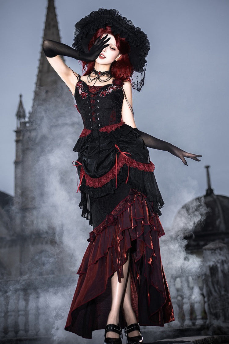 Black/Red [Rotten Bone Flower] Sleeveless Ruffled Embroidered Lace-Up Gothic Lolita Skirt Dress Set - Product - 11