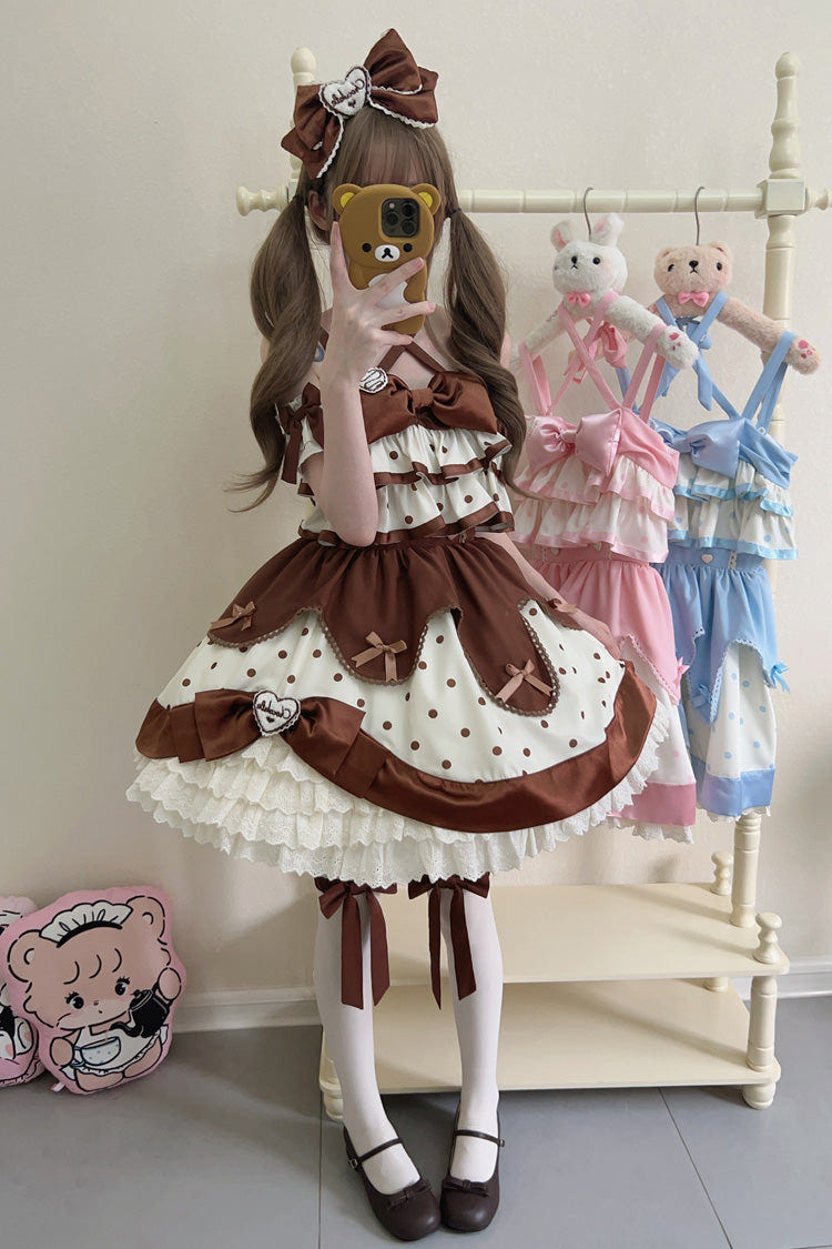Chocolate Brown Cream Multi-Layered Polka Dots Print Ruffle Bowknot Sweet Lolita Jsk Dress - Product - 6