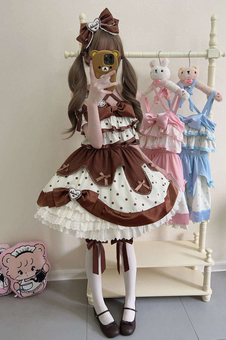 Chocolate Brown Cream Multi-Layered Polka Dots Print Ruffle Bowknot Sweet (Dress Only) detail view 6