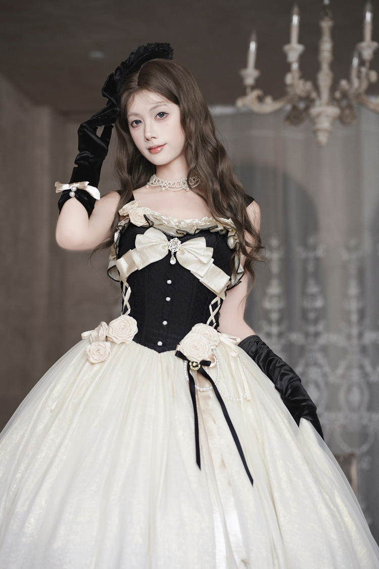 Black/White [Paris Souvenir] Sleeveless Ruffled Bow Lace-Up Fishbone Pearl-Decorated Classic Elegant Lolita Jsk Dress - Product - 7