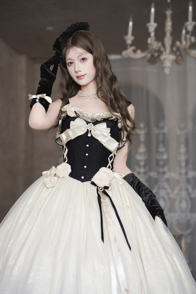 Black/White [Paris Souvenir] Sleeveless Ruffled Bow Lace-Up Fishbone Pearl-Decorated Classic Elegant Lolita Jsk Dress - Product - 7