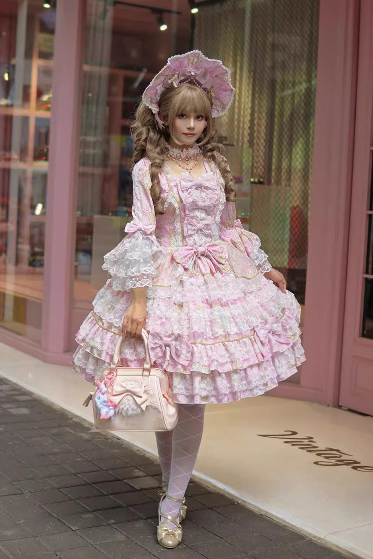 Pink [Candlelight Elegance] Long Trumpet Sleeves Multi-Layered Ruffle Bowknot Lace Sweet Elegant Lolita Dress - Product - 4