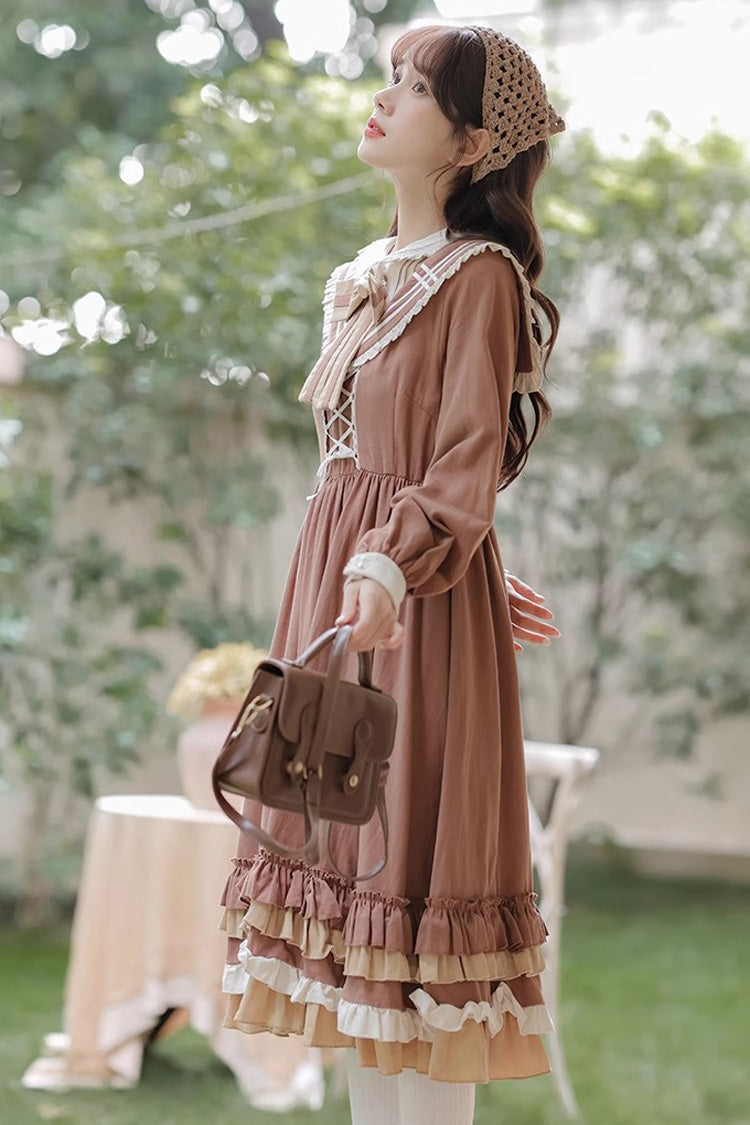 Brown Long Sleeves Multi-layer Ruffle Two Fake Pieces Sweet (Dress Only) detail view 9