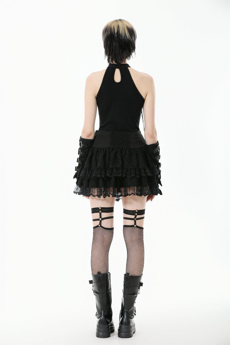 Black Off Shoulder Halterneck Sleeveless Mesh Eyelet Strap Women's Punk Top - Product - 4