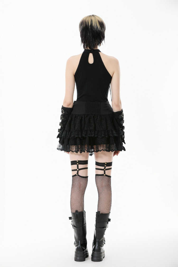 Black Off Shoulder Halterneck Sleeveless Mesh Eyelet Strap Women's Punk Top - Product - 4