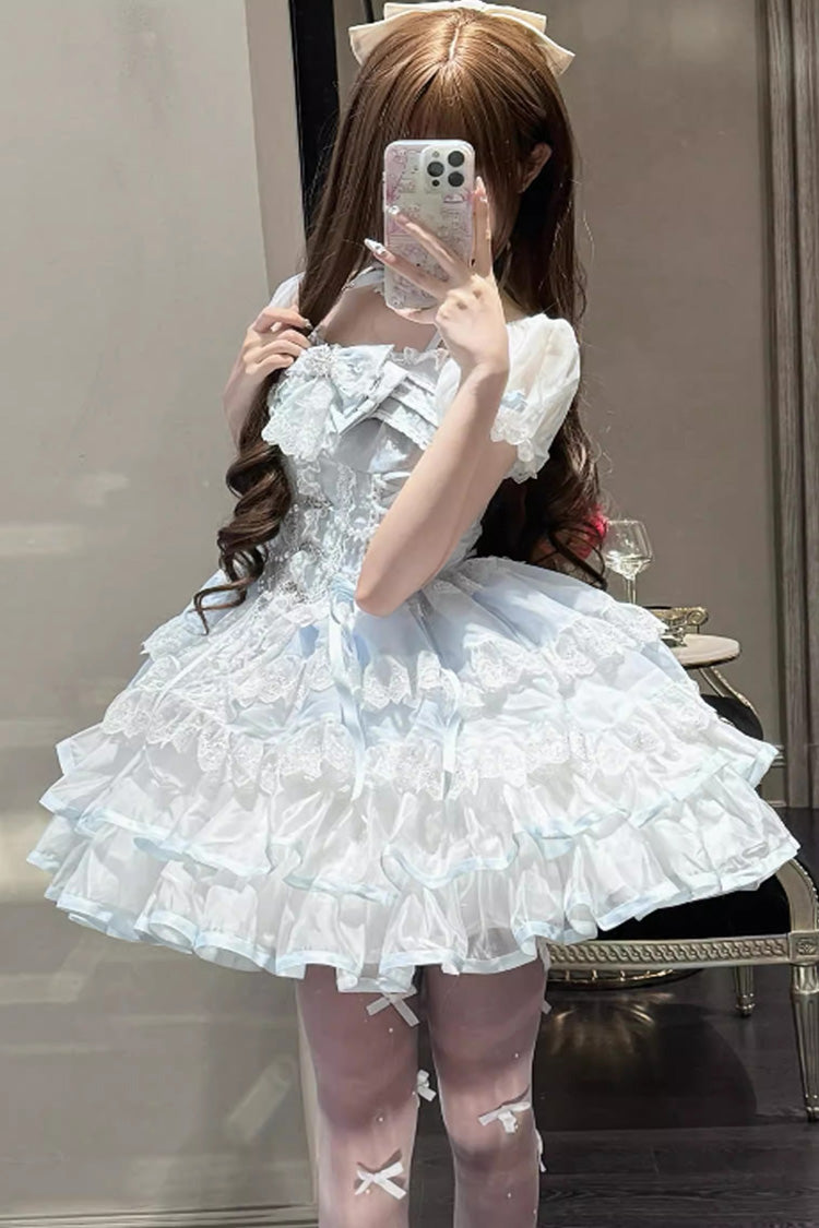 White/Blue [Ice Dance] Halterneck Multi-Layered Bowknot Lace Sweet Ballet Lolita Dress - Product - 3