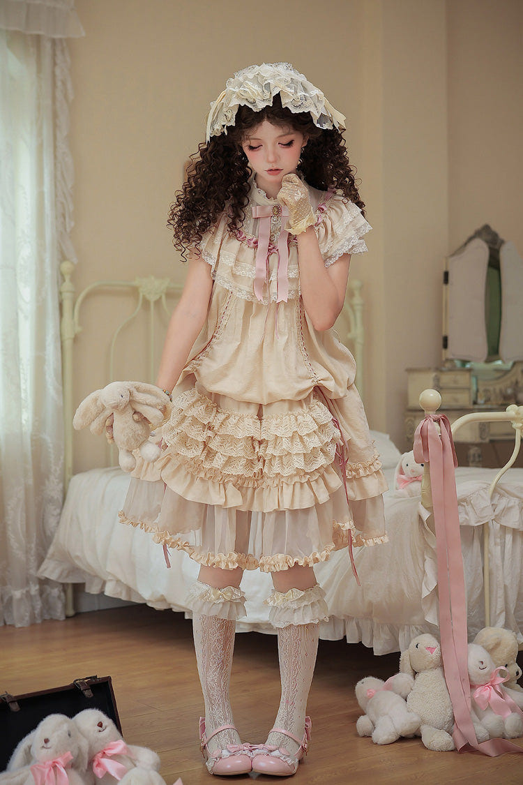 Apricot [Lily's Dream] Stand Collar Short Sleeves Loose-Fit Doll-Like Multi-Layered Ruffled Bow Lace Sweet Lolita Dress 2 Versions - Product - 21