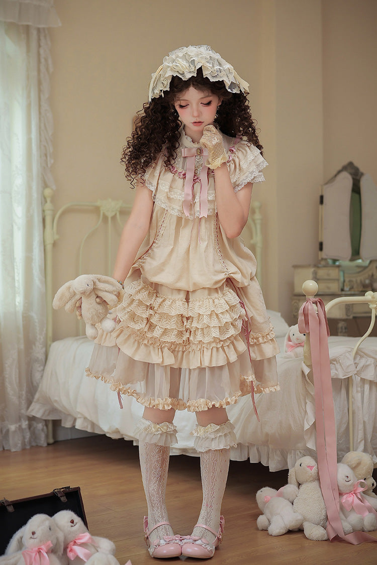 Apricot [Lily's Dream] Stand Collar Short Sleeves Loose-Fit Doll-Like Multi-Layered Ruffled Bow Lace Sweet Lolita Dress 2 Versions - Product - 21