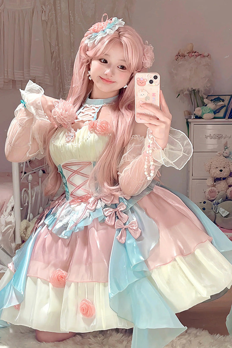 Pink/Blue [Camellia Covenant] Halterneck Ruffled Bow Lace Lace-Up Sweet Lolita Jsk Dress - Product - 2