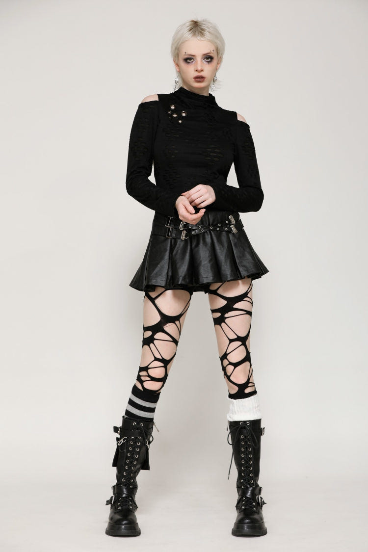 Black Long Sleeves Cut-Out Ripped Zippered Eyelets Women's Punk Distressed Top - Product - 7