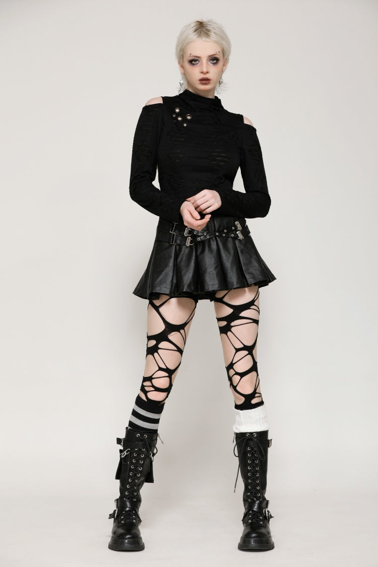 Black Long Sleeves Cut-Out Ripped Zippered Eyelets Women's Punk Distressed Top - Product - 7
