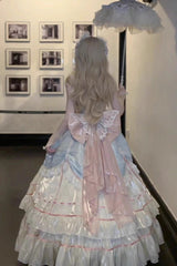 Apricot/Blue/Pink Multi-layer Ruffle Hanayome Bowknot Sweet Princess Gorgeous Long Lolita Jsk Dress - Product - 4
