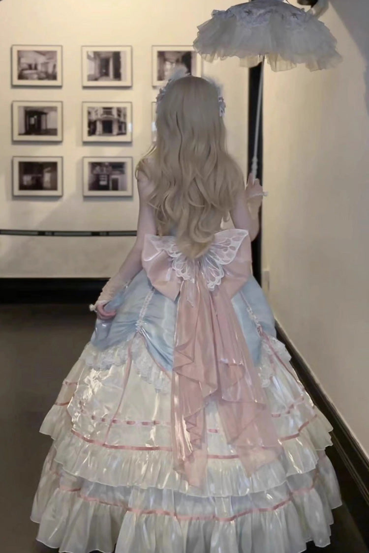 Apricot/Blue/Pink Multi-layer Ruffle Hanayome Bowknot Sweet Princess Gorgeous Long Lolita Jsk Dress - Product - 4