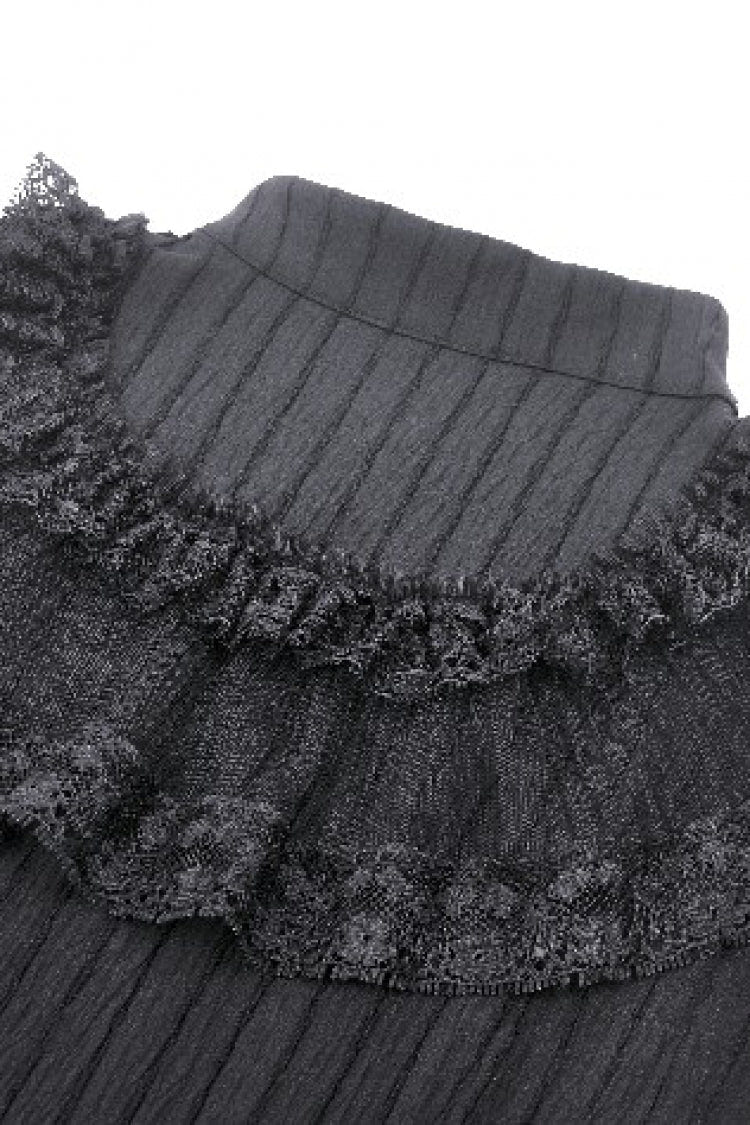 Black Lace Ruffled Stand Collar Bow Sleeveless Triple-Layered Hem Women's Gothic Dress - Product - 18