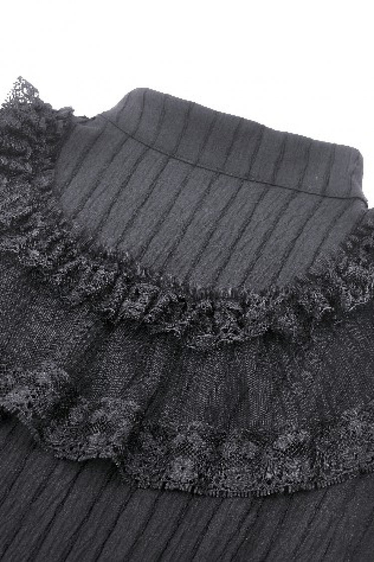 Black Lace Ruffled Stand Collar Bow Sleeveless Triple-Layered Hem Women's Gothic Dress - Product - 18