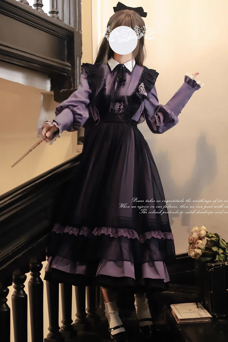 Black [Witch Academy] Double-Layered Ruffle Embroidery Bowknot Mesh Sweet Elegant Lolita Jumper Dress - Product - 11