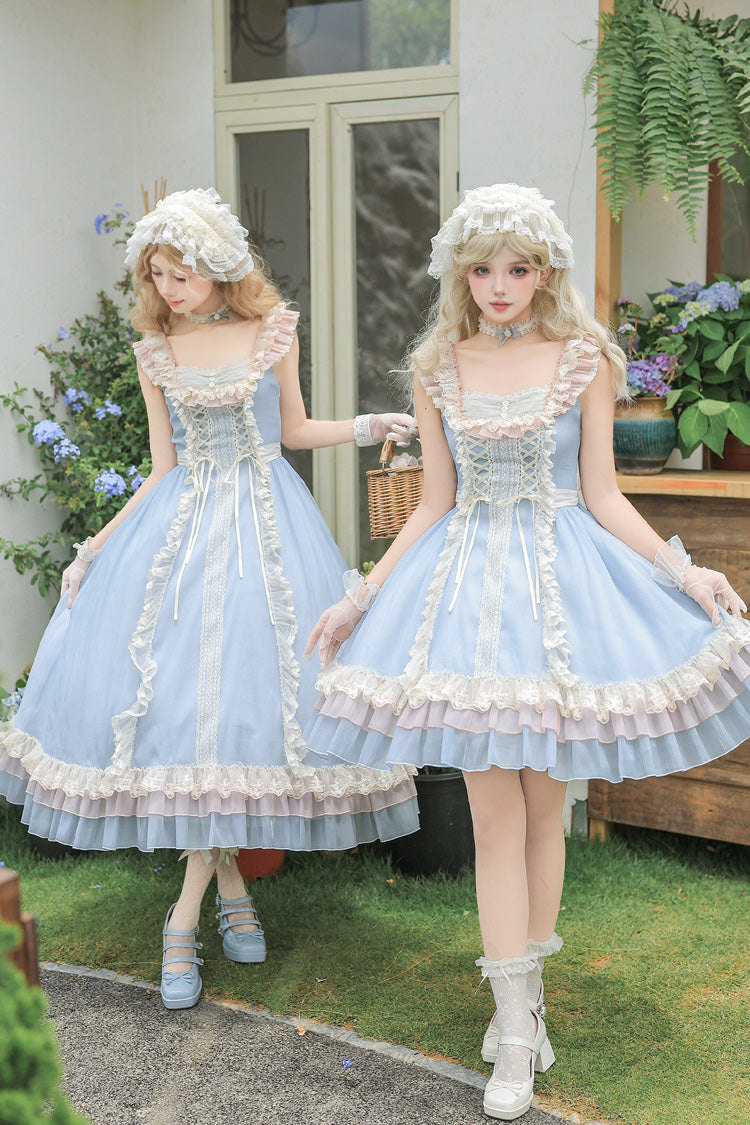 Blue [Island Diary] Square Collar Flutter Sleeves Triple-Layered Ruffled Lace-Up Sweet Lolita Jsk Dress 2 Versions - Product - 2