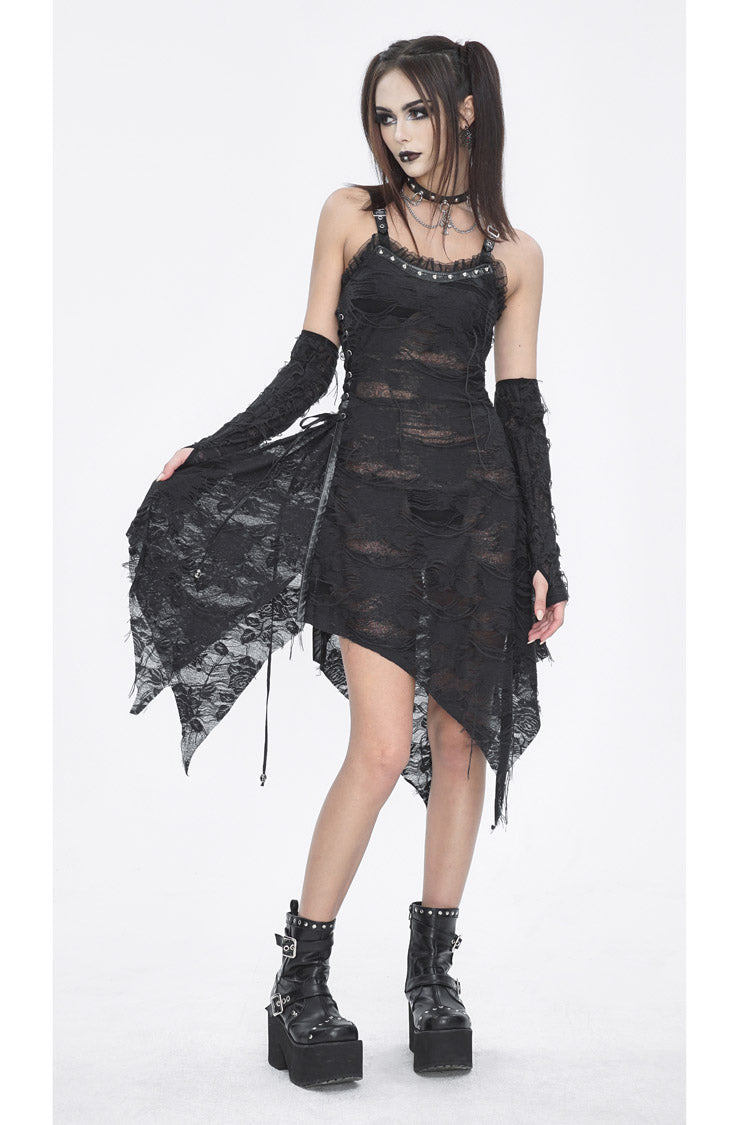 Black Sleeveless Lace Irregular Womens Gothic Strap Dress - Product - 2