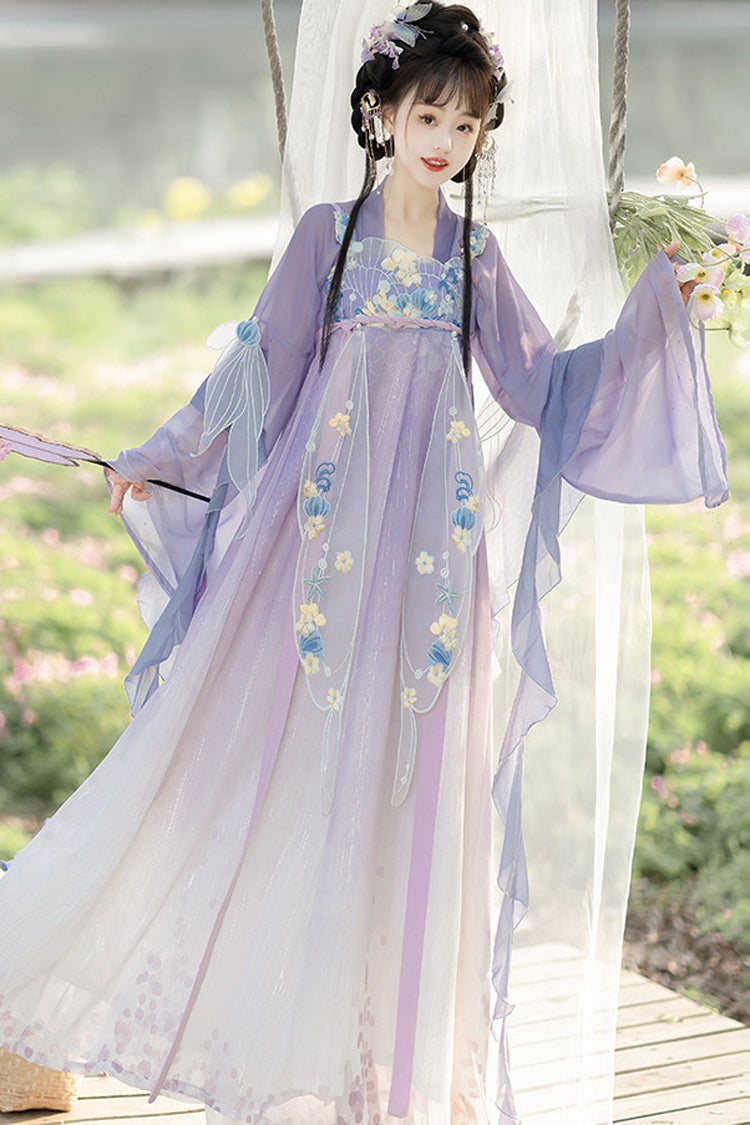 Purple [Princess Of The Sea] Hime Sleeves High Waisted Embroidered Women's Sweet Hanfu Dress Set - Product - 2
